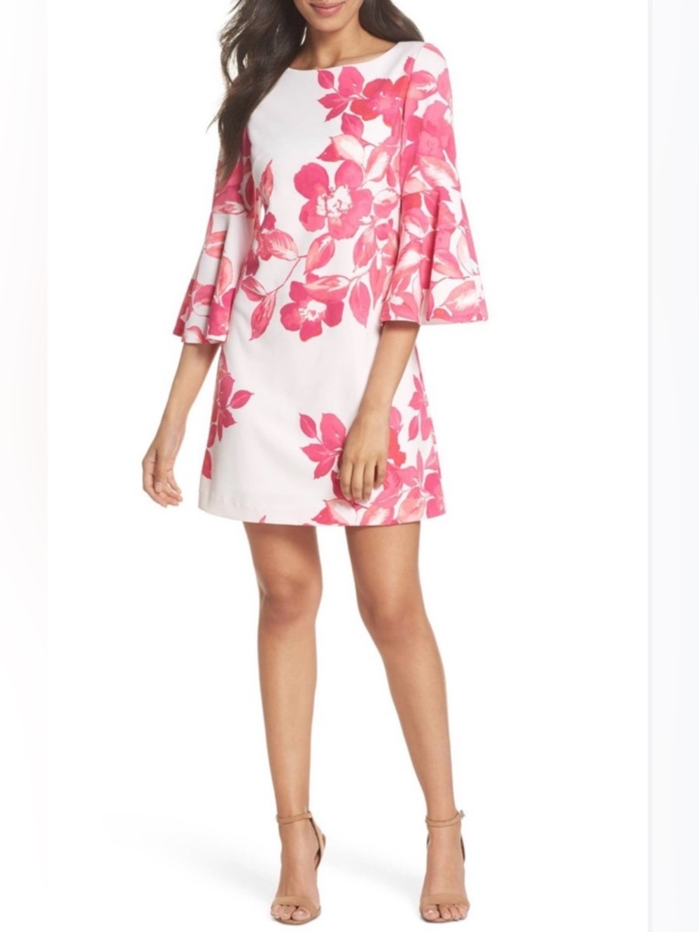 Eliza J White Mini Dress with Pink Floral Bell Sleeves